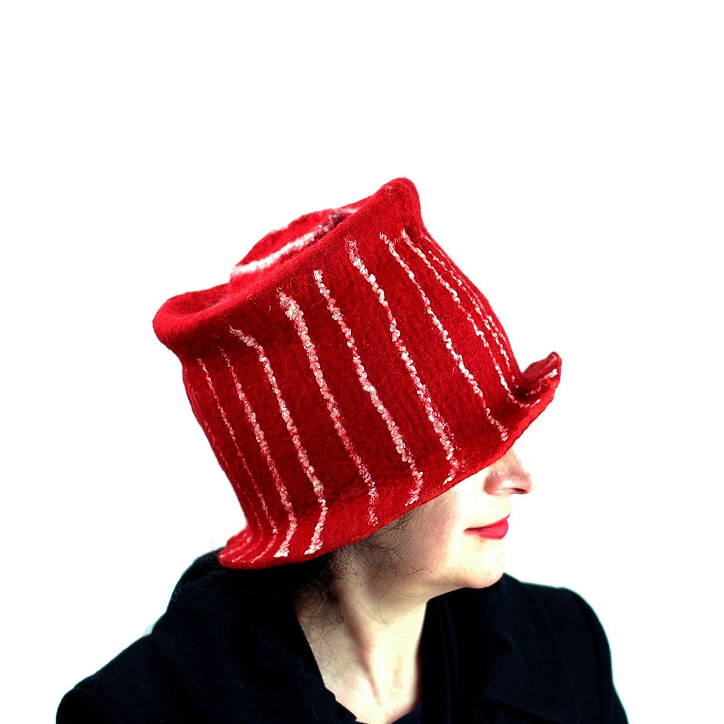 Red Top Hat with White Stripes - profile view
