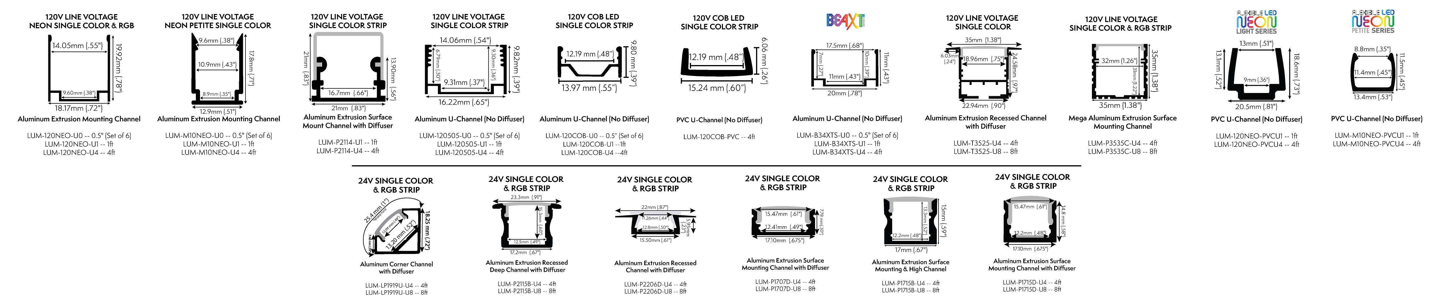 17 styles of led channels with measurements