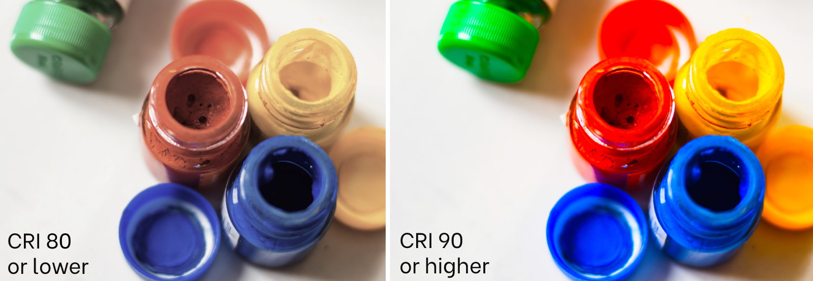 color rendering examples - dull paint on left, vivid paints on right