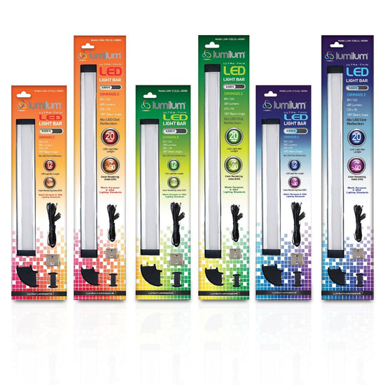 linear led light bar series in blister packs in an array of colors L to R: orange, green, blue