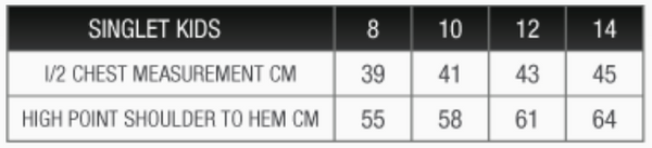 Kids Singlet Sizing Chart