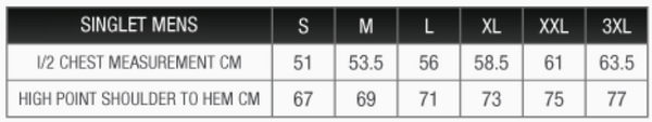 Mens Singlet Sizing Chart