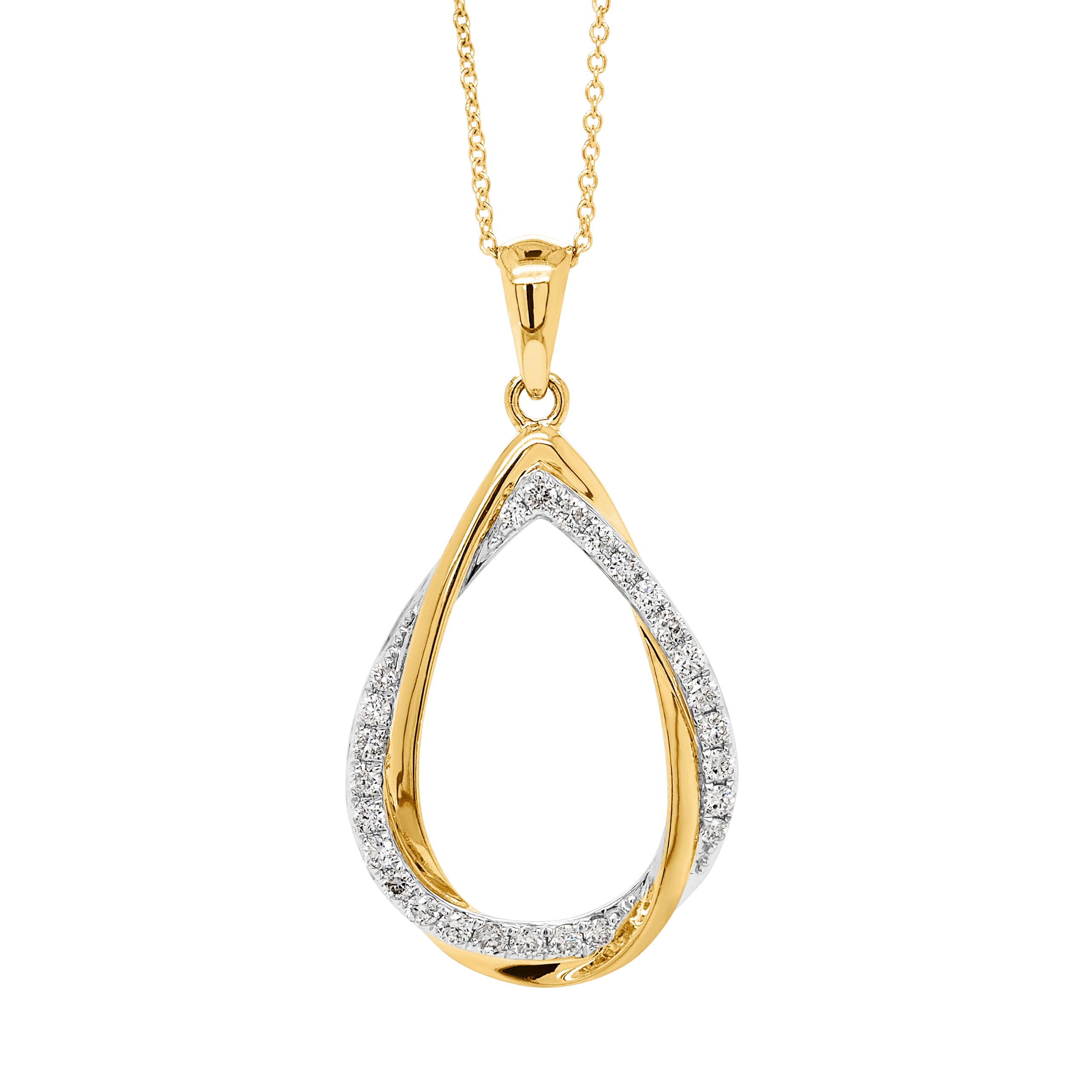 9ct Yellow Gold Diamond Open Offset Pear Shaped Pendant on 45cm Chain