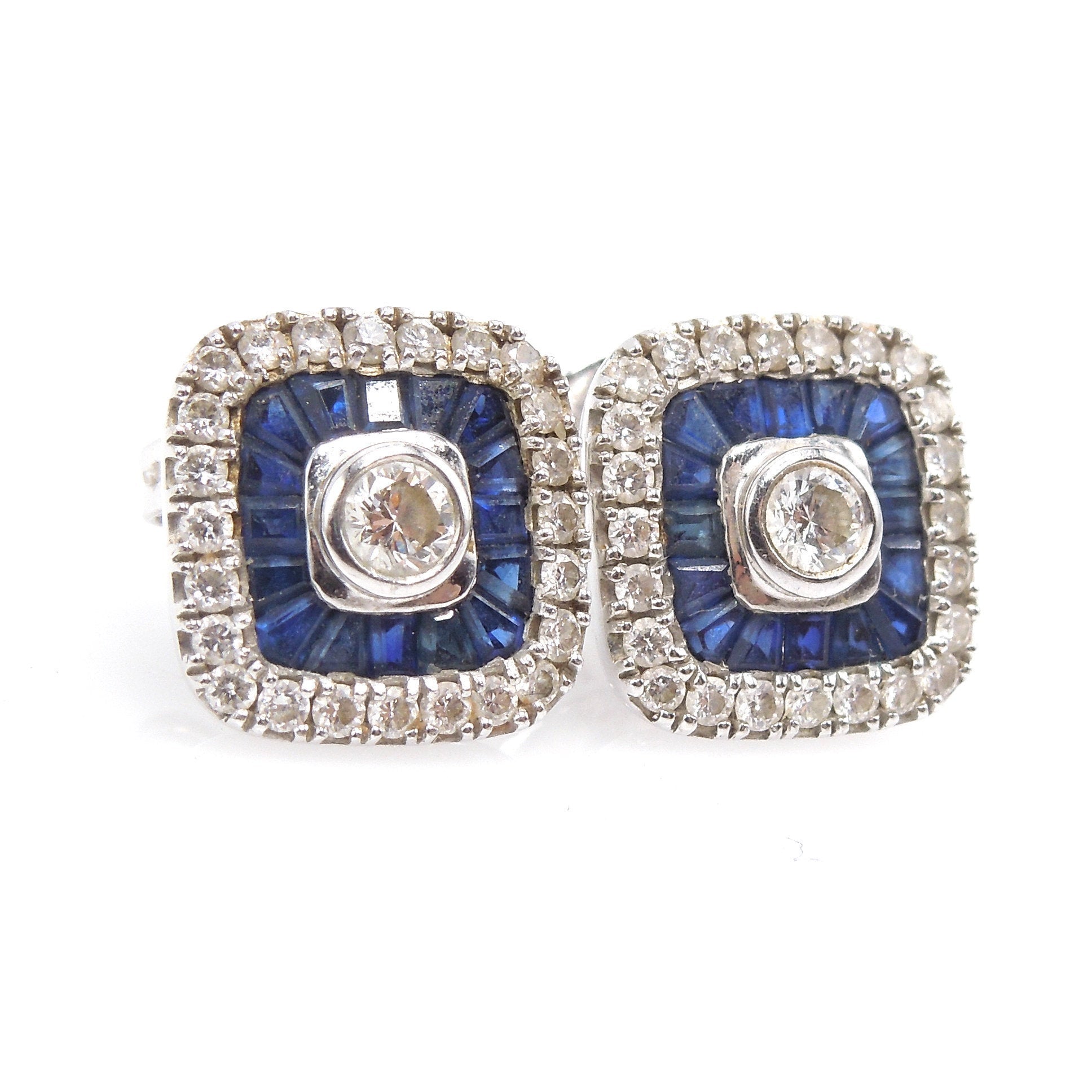 Square Cushion Shaped Diamond Earrings with Diamond and Sapphire Doubl ...