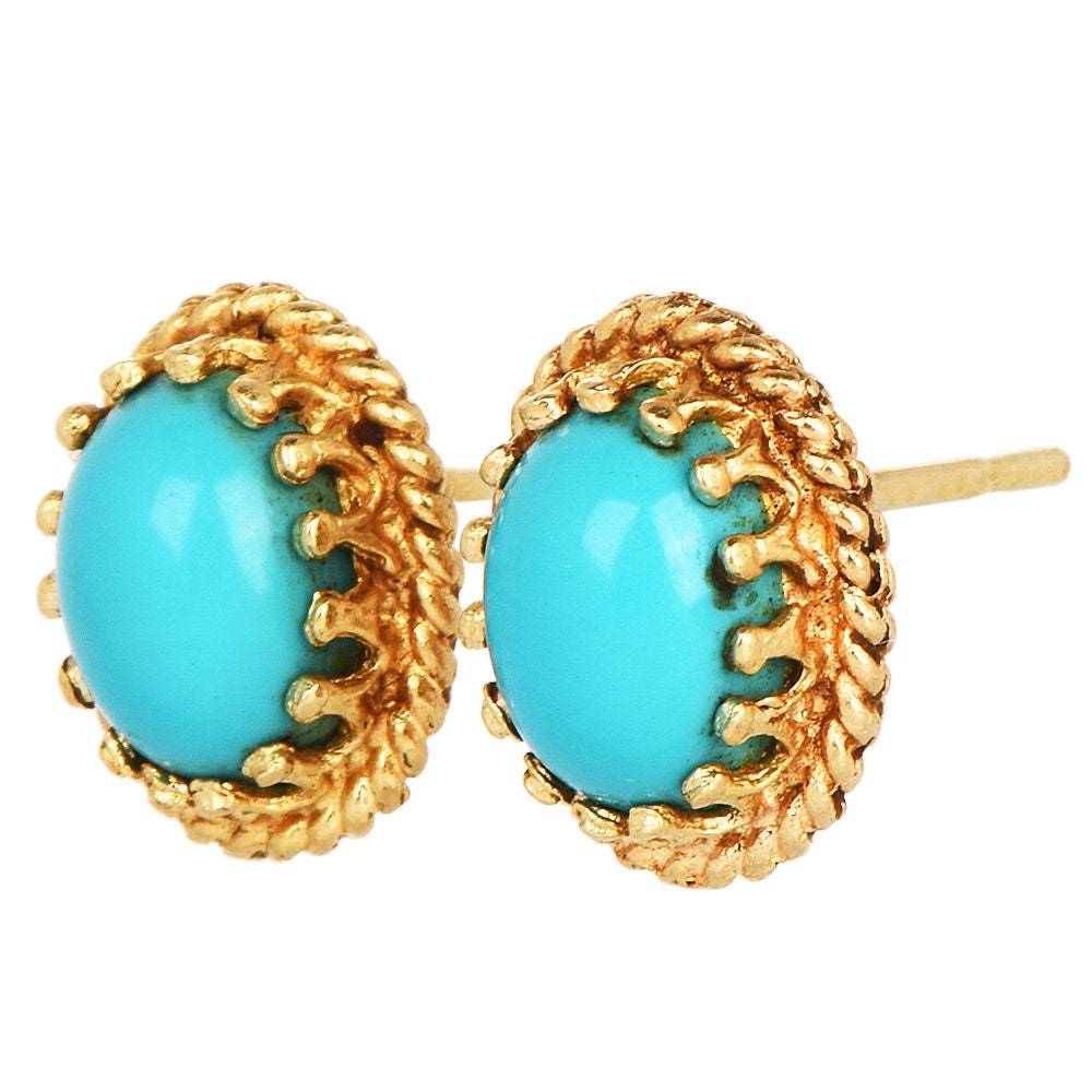Interchangeable Coral and Turquoise 14K Yellow Gold Stud Earrings