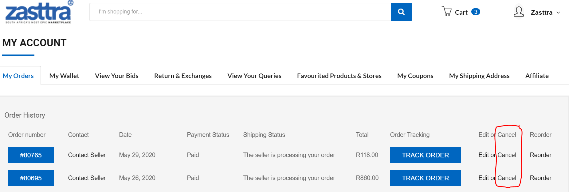 Cancel order zasttra marketplace