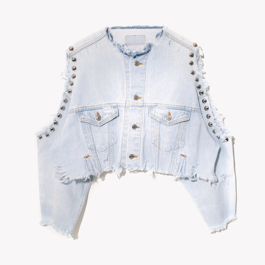 RWDZ Cold Shoulder Studded Pale Denim Jacket