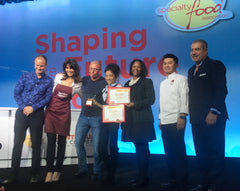 Pacific Pickle Works' Victoria Ho, chef Robert Irvine and judges at 2019 Front Burner Pitch