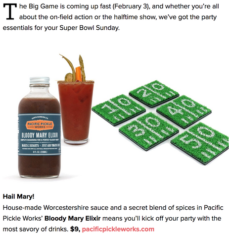 Parade Magazine picks Pacific Pickle Works' Bloody Mary Elixir for Superbowl 2019