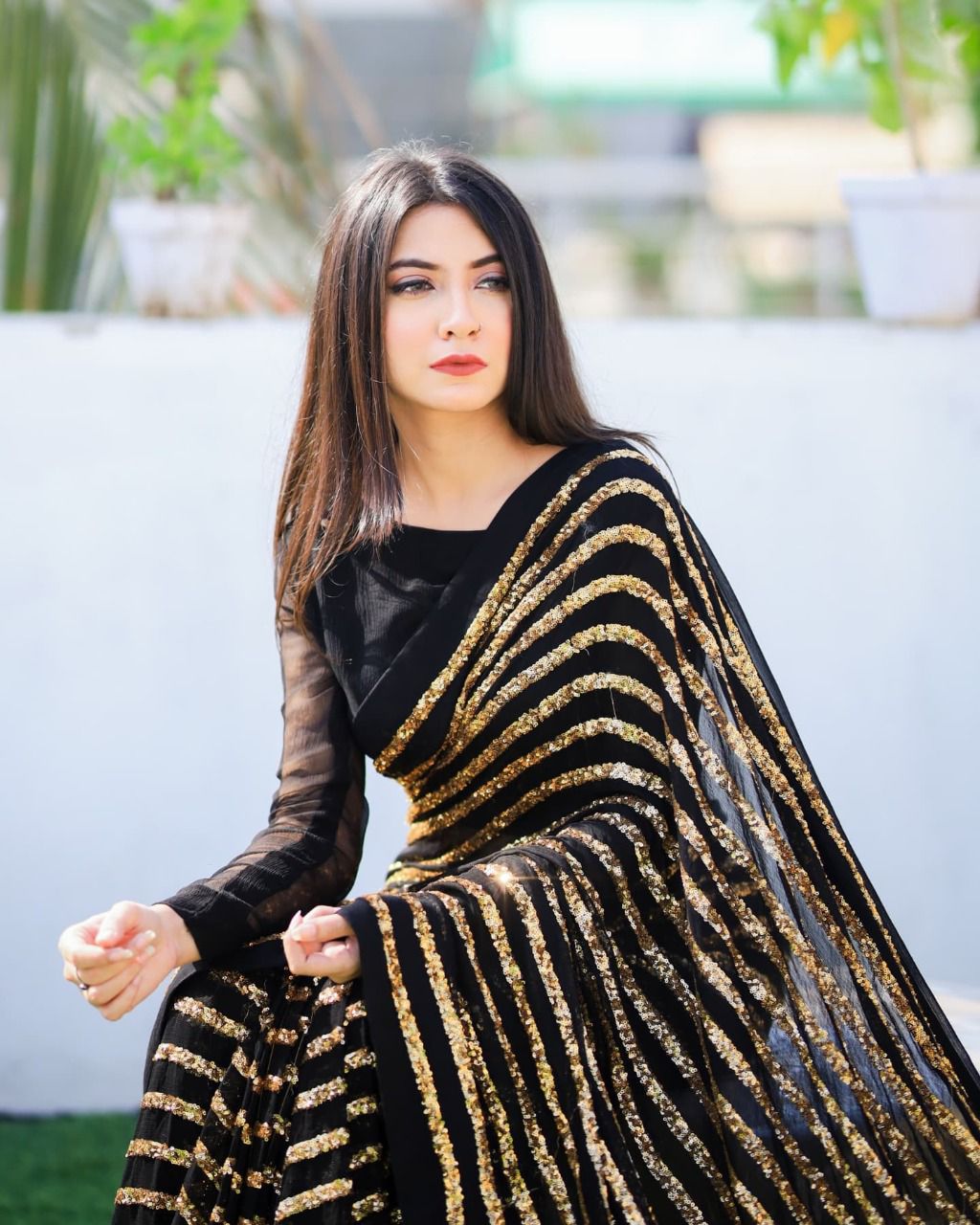 Black and Gold Sequined Georgette New Model Sarees