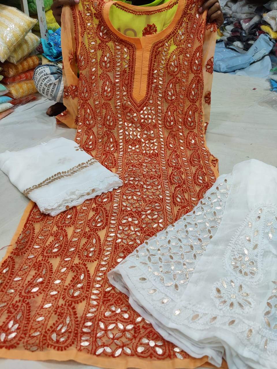 Multiple Colors Georgette Lucknow Chikankari Gota Patti Kurti Palazzo Latest Indian Salwar Suits
