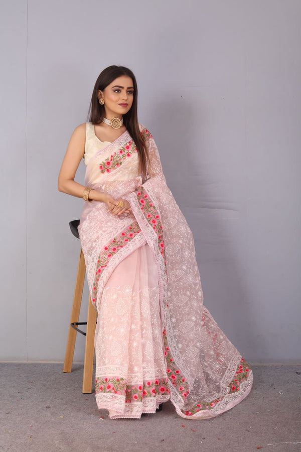 Pink Embroidered Organza New Model Sarees Online Shopping