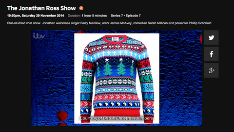 The Johnathon Ross show featuring the british christmas multicultural jumper