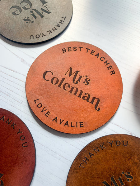 Tan leather coaster for your favourite teacher