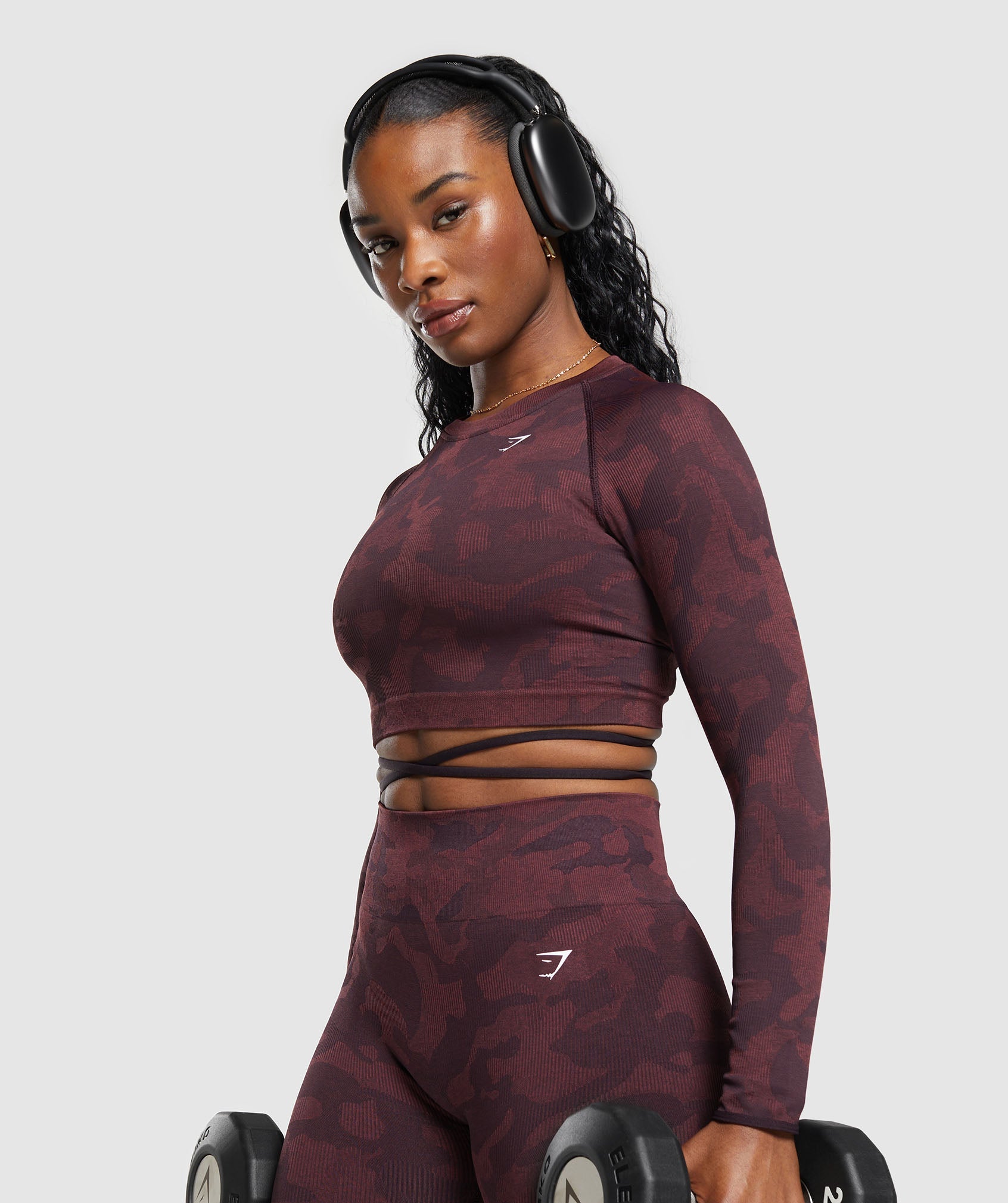 Adapt Camo Seamless Long Sleeve Crop Top in Plum Brown/Burgundy Brown - view 5