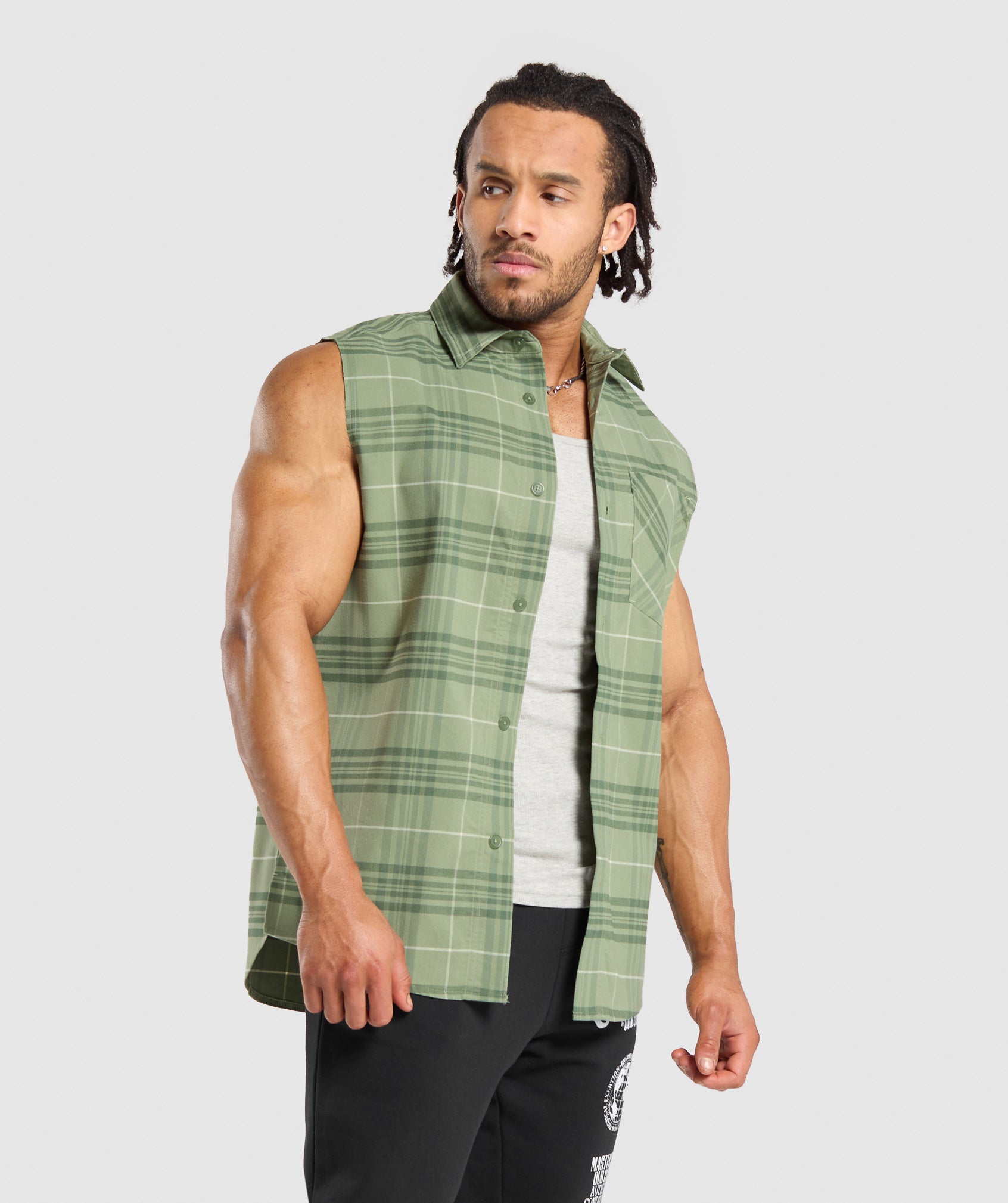 Check Sleeveless Shirt in Natural Sage Green - view 3
