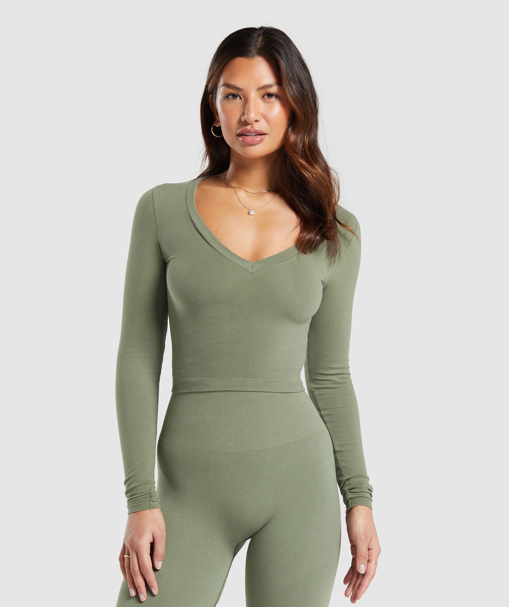 Cotton Seamless Long Sleeve Midi Top in Base Green - view 1