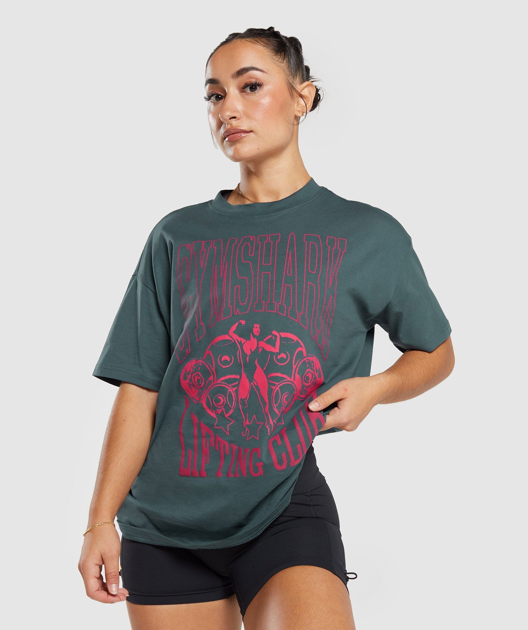Lifting Graphic Oversized T-Shirt in Smokey Teal - view 4