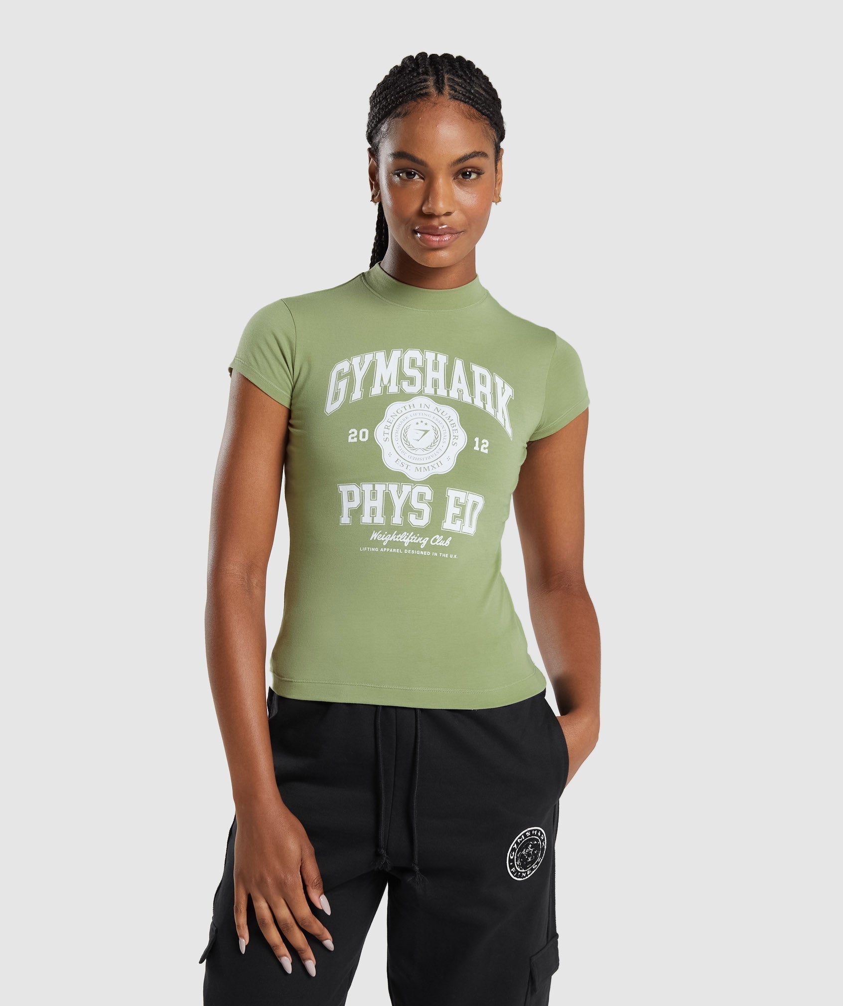 Phys Ed Graphic Body Fit T-Shirt in Light Sage Green