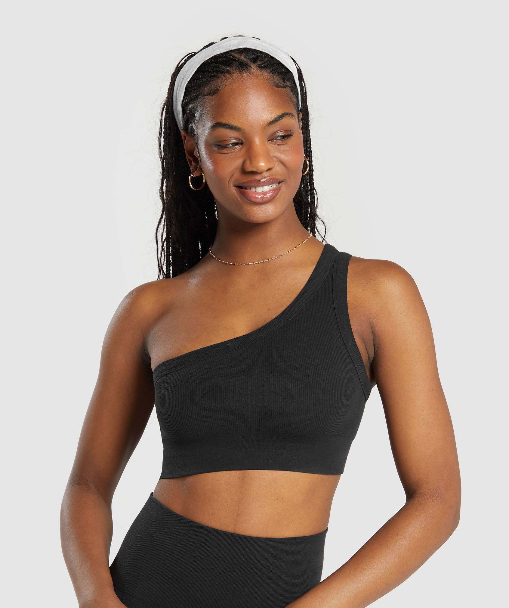 Ribbed Cotton Seamless One Shoulder  Bra in Black