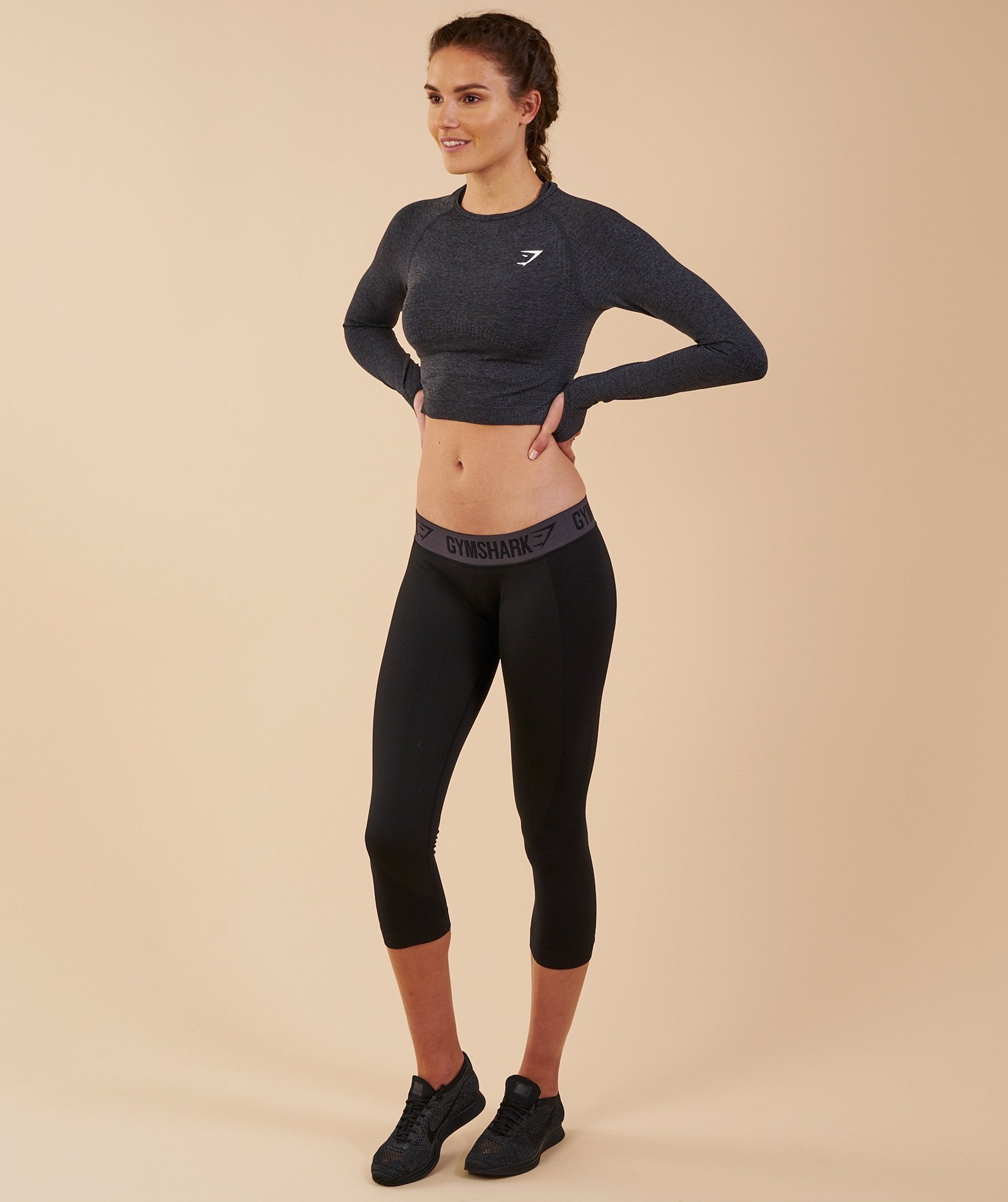 Seamless Long Sleeve Crop Top in Black Marl - view 3