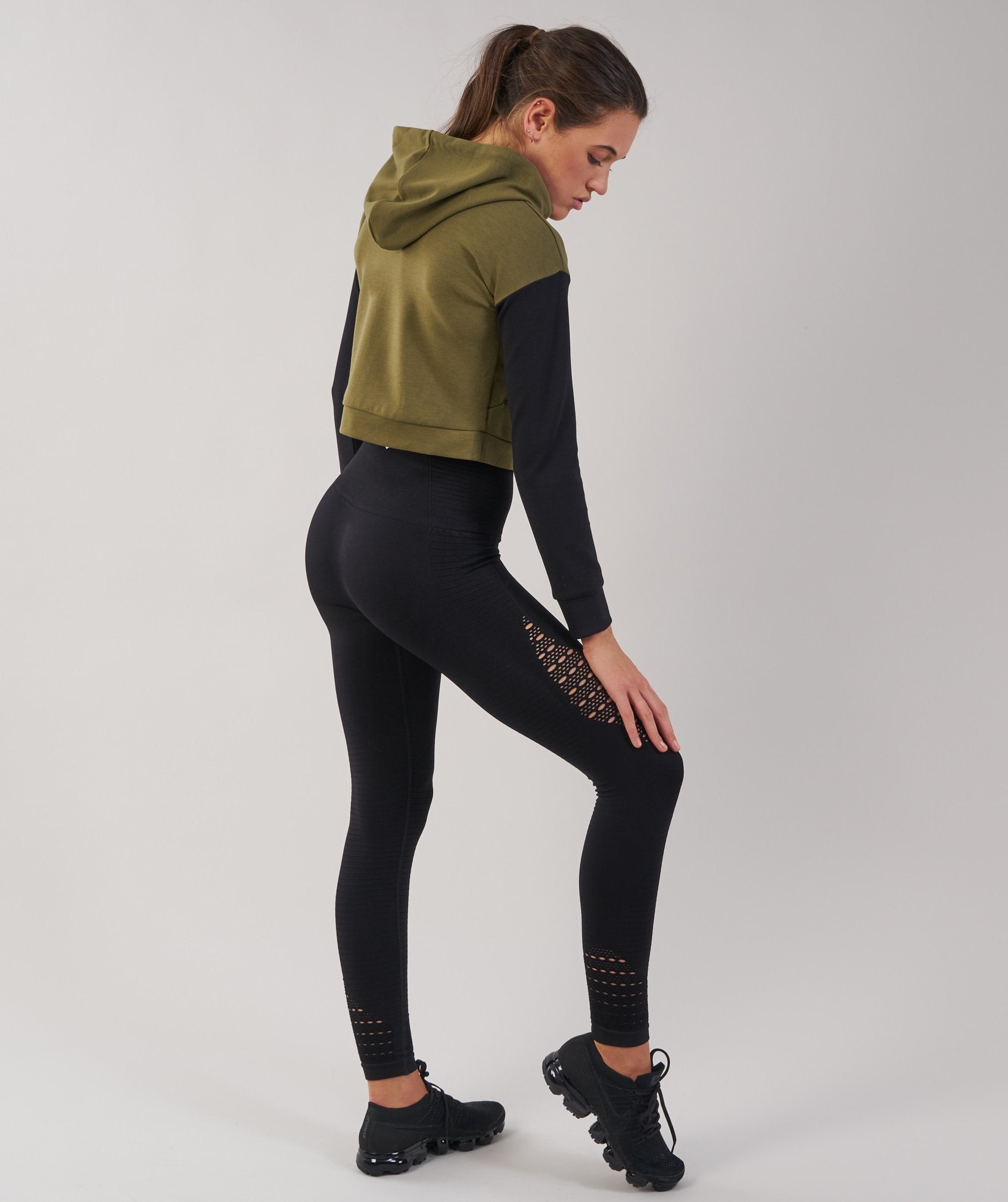 Two Tone Cropped Hoodie in Khaki/Black - view 4