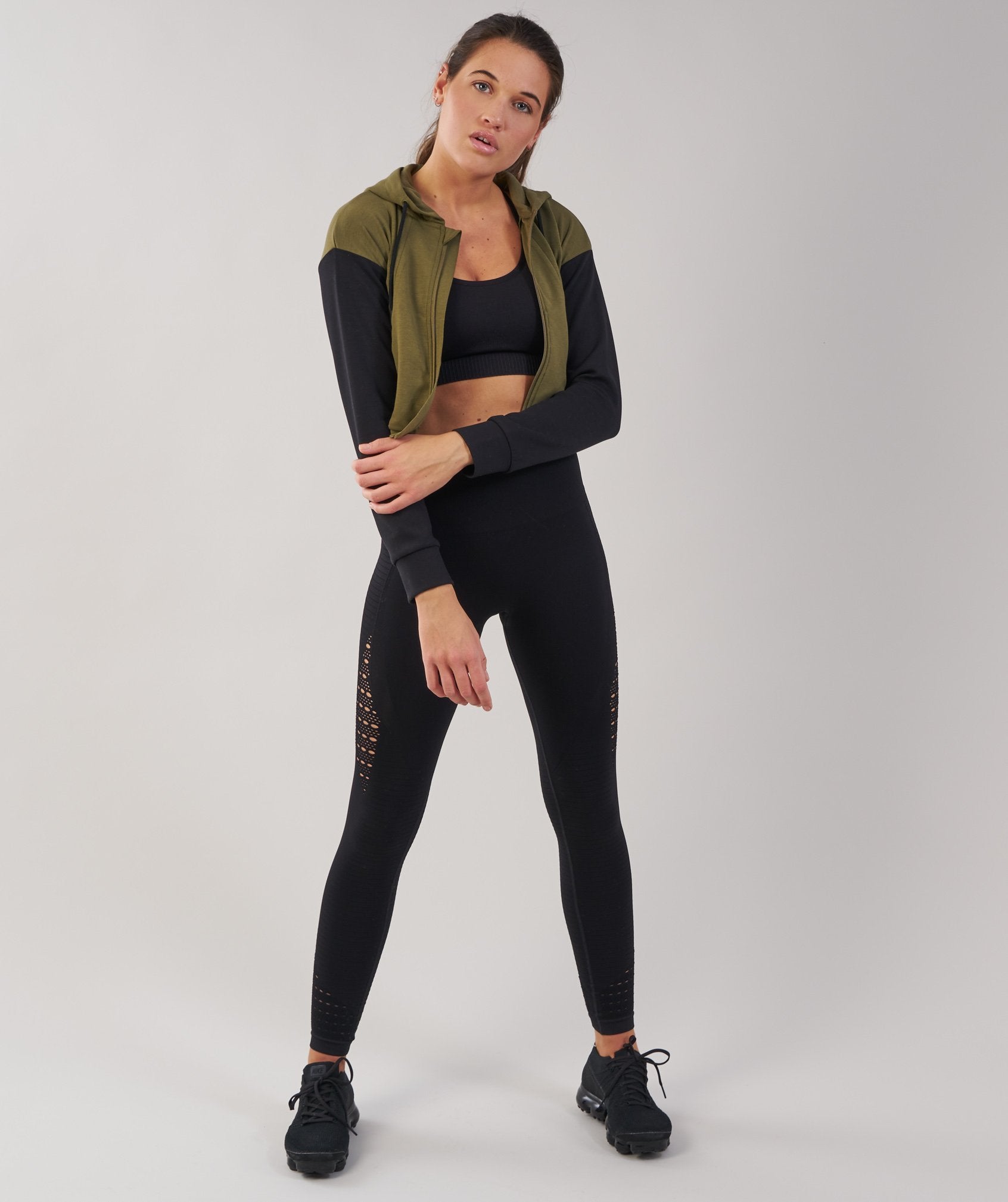 Two Tone Cropped Hoodie in Khaki/Black - view 5