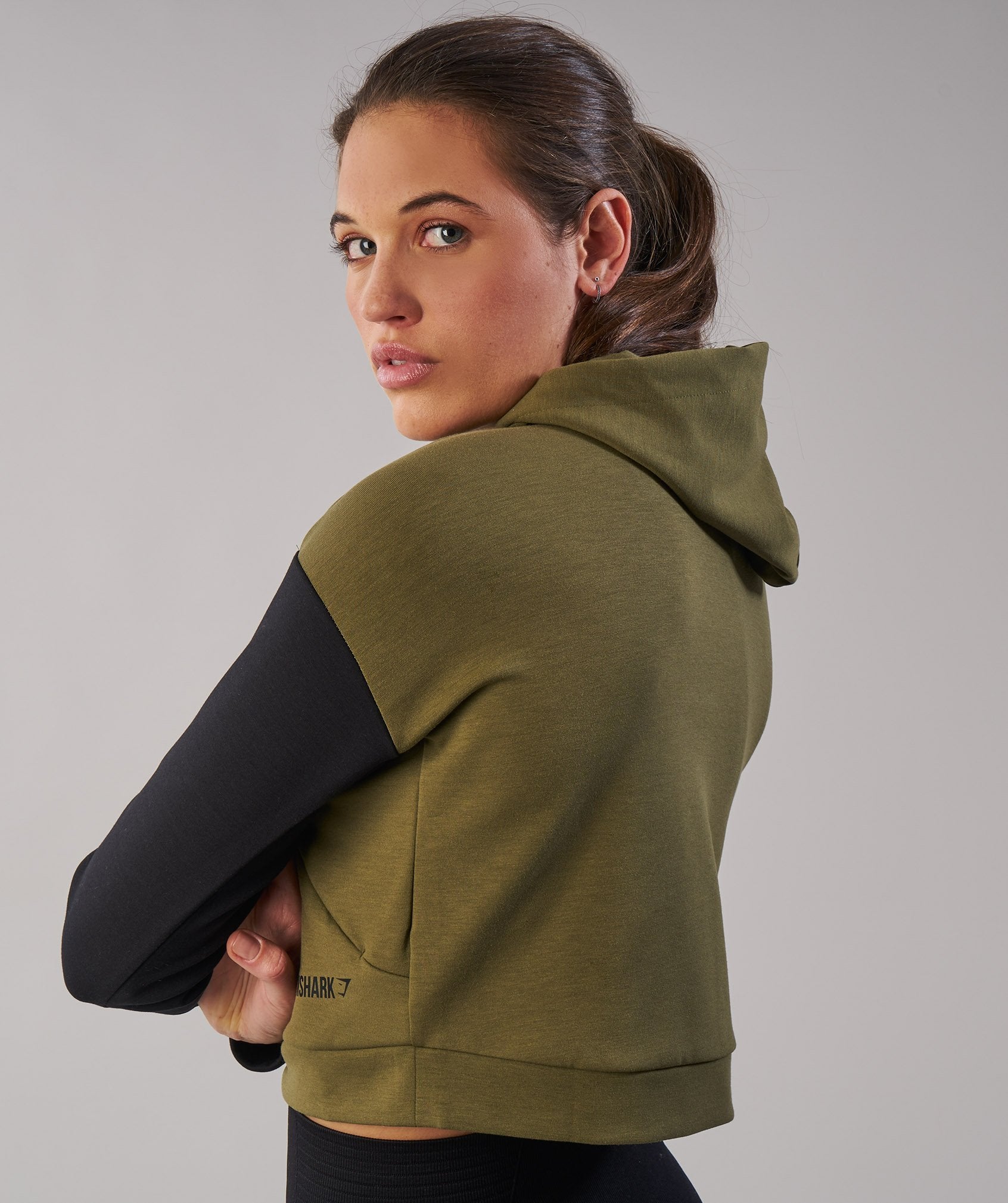 Two Tone Cropped Hoodie in Khaki/Black - view 2