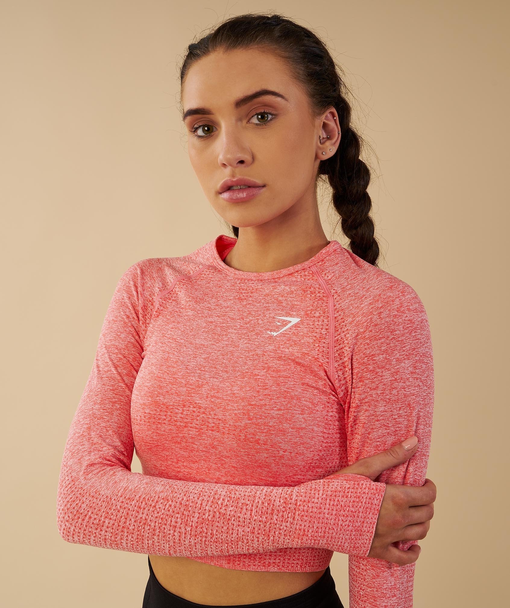 Seamless Long Sleeve Crop Top in Peach Coral - view 2