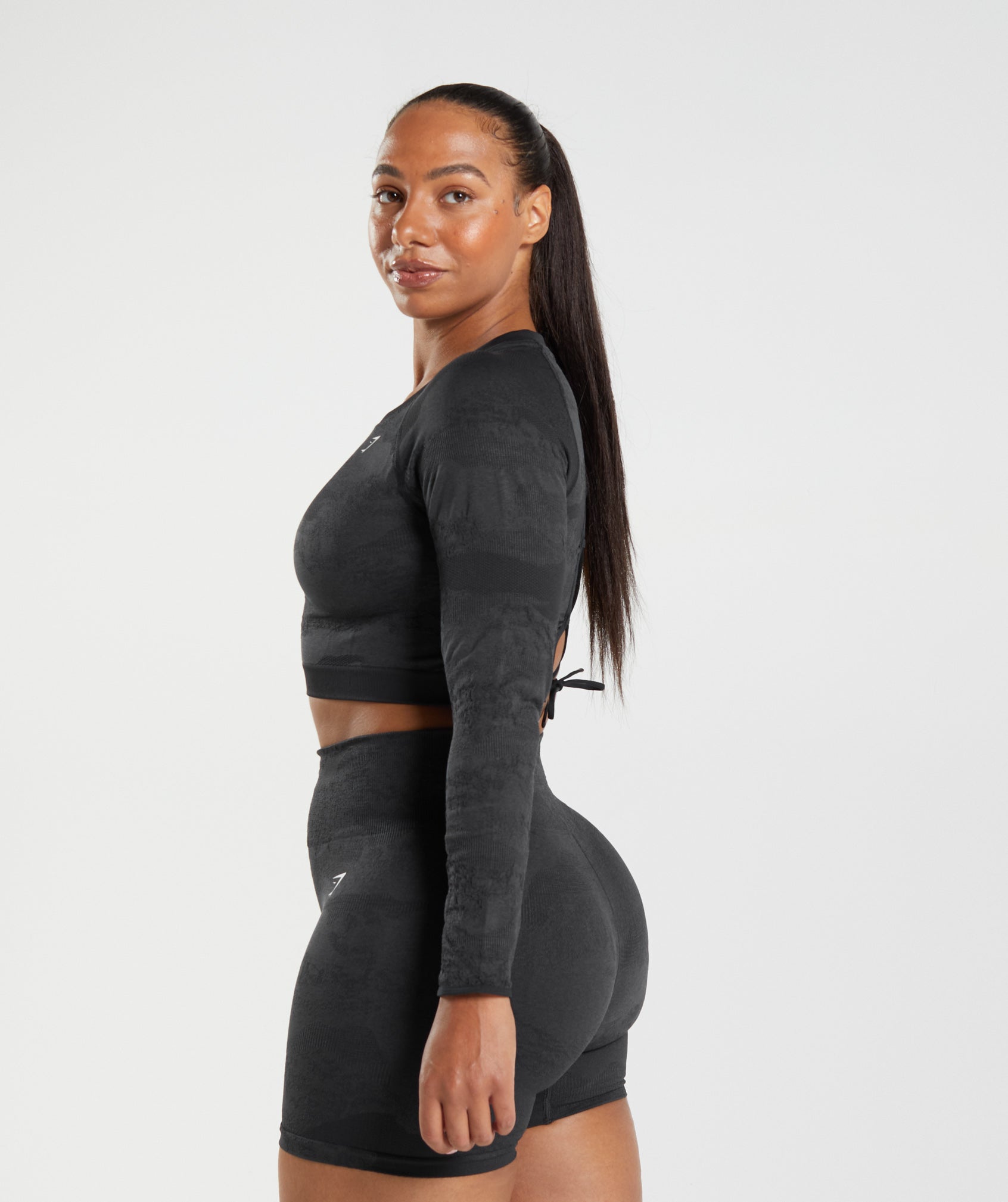 Adapt Camo Seamless Lace Up Back Top in Black/Onyx Grey - view 3