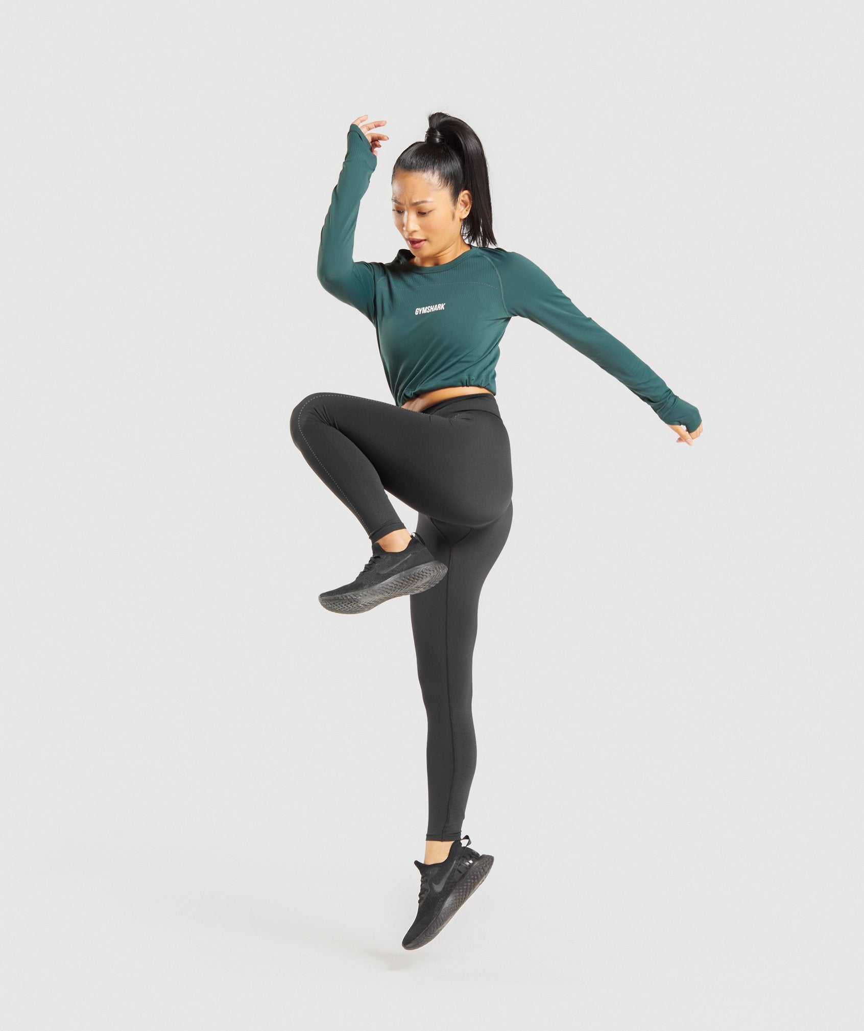 Breeze Lightweight Seamless Long Sleeve Crop Top in Dark Green - view 3