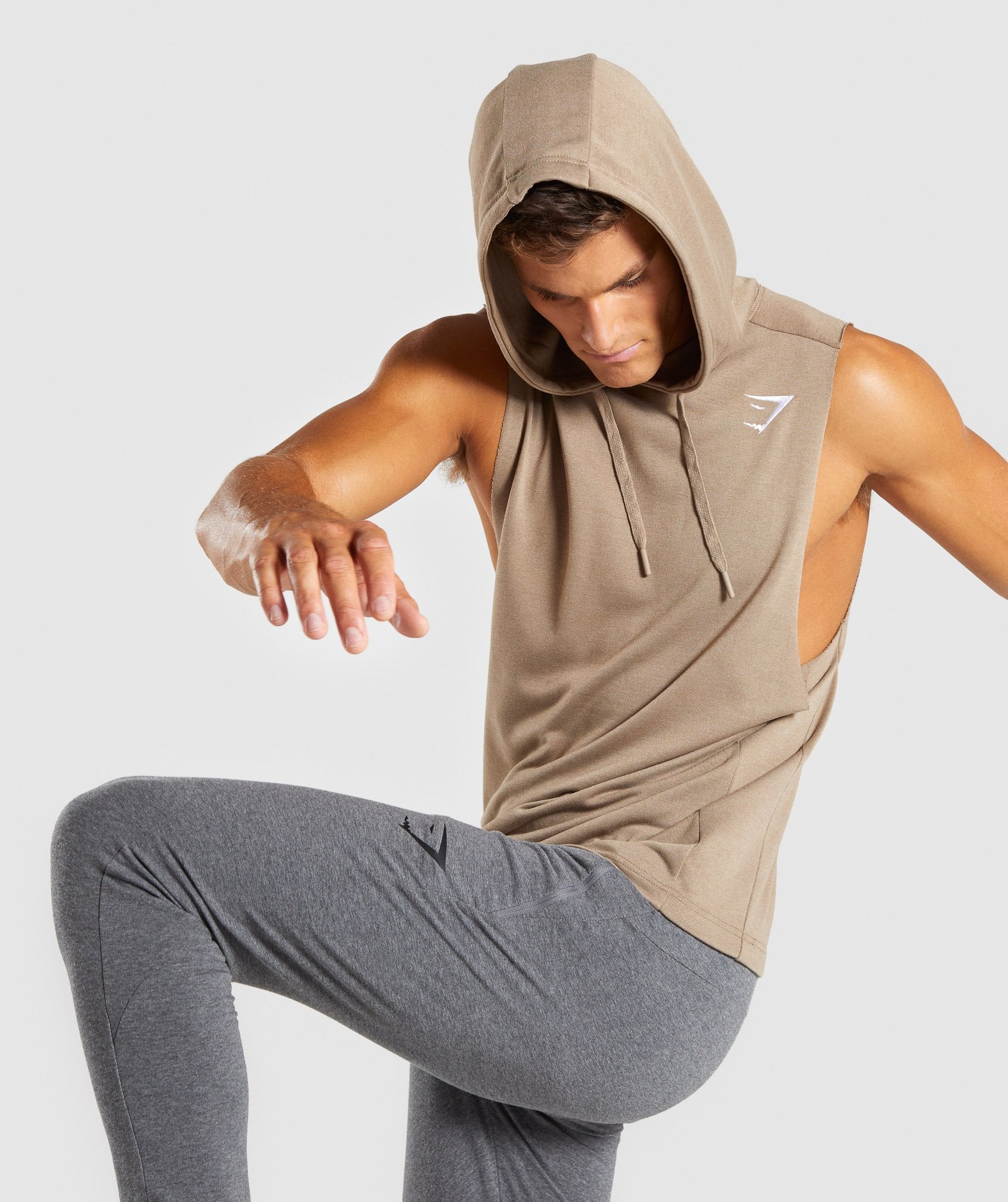 Drop Arm Sleeveless Hoodie in Driftwood Brown - view 3