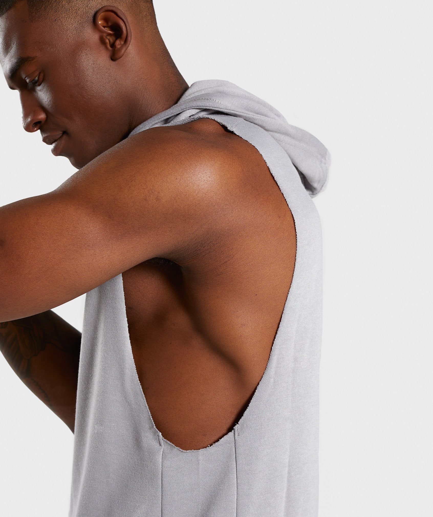 Drop Arm Sleeveless Hoodie in Light Grey Marl - view 5