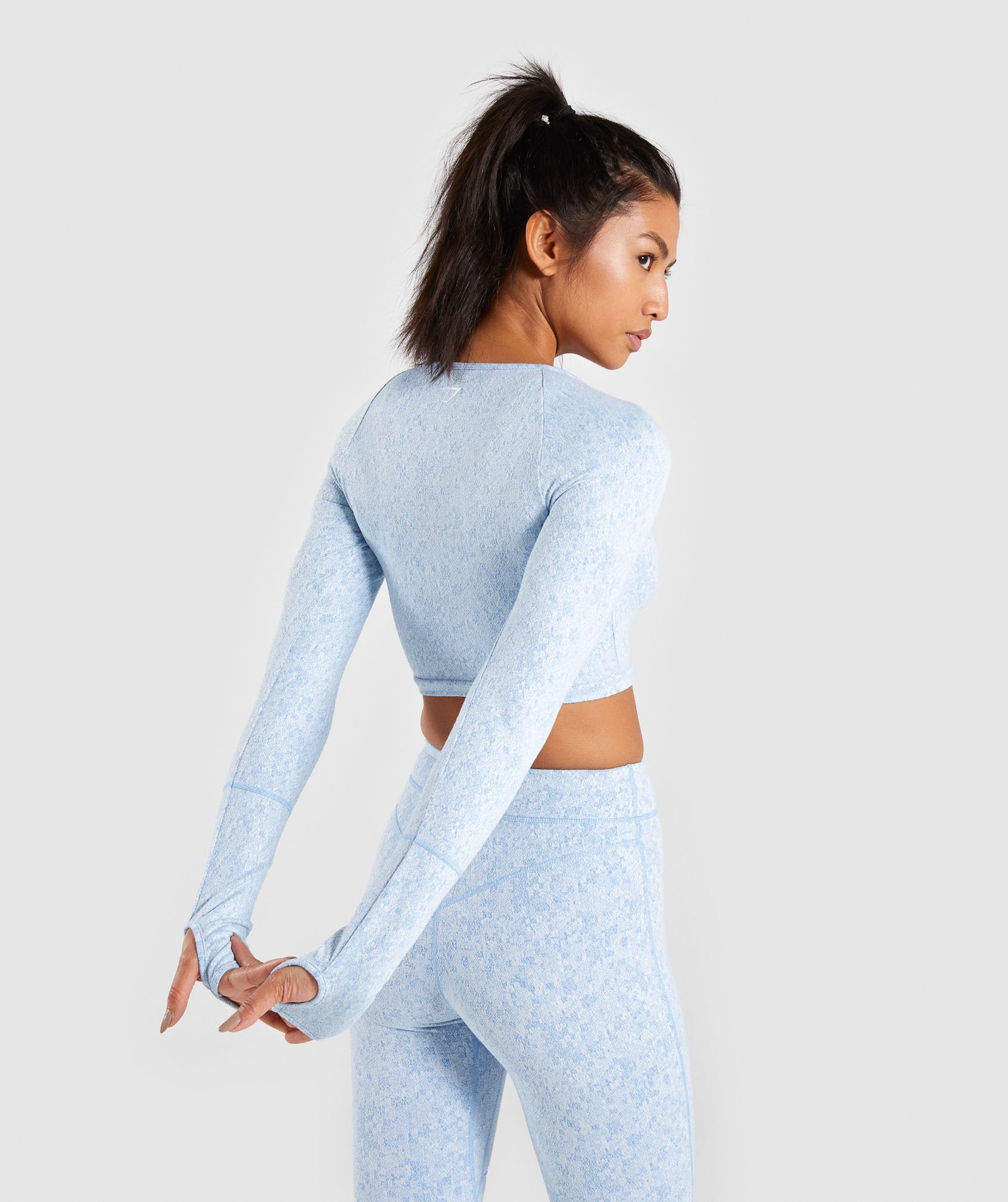 Fleur Texture Long Sleeve Crop Top in Blue - view 2