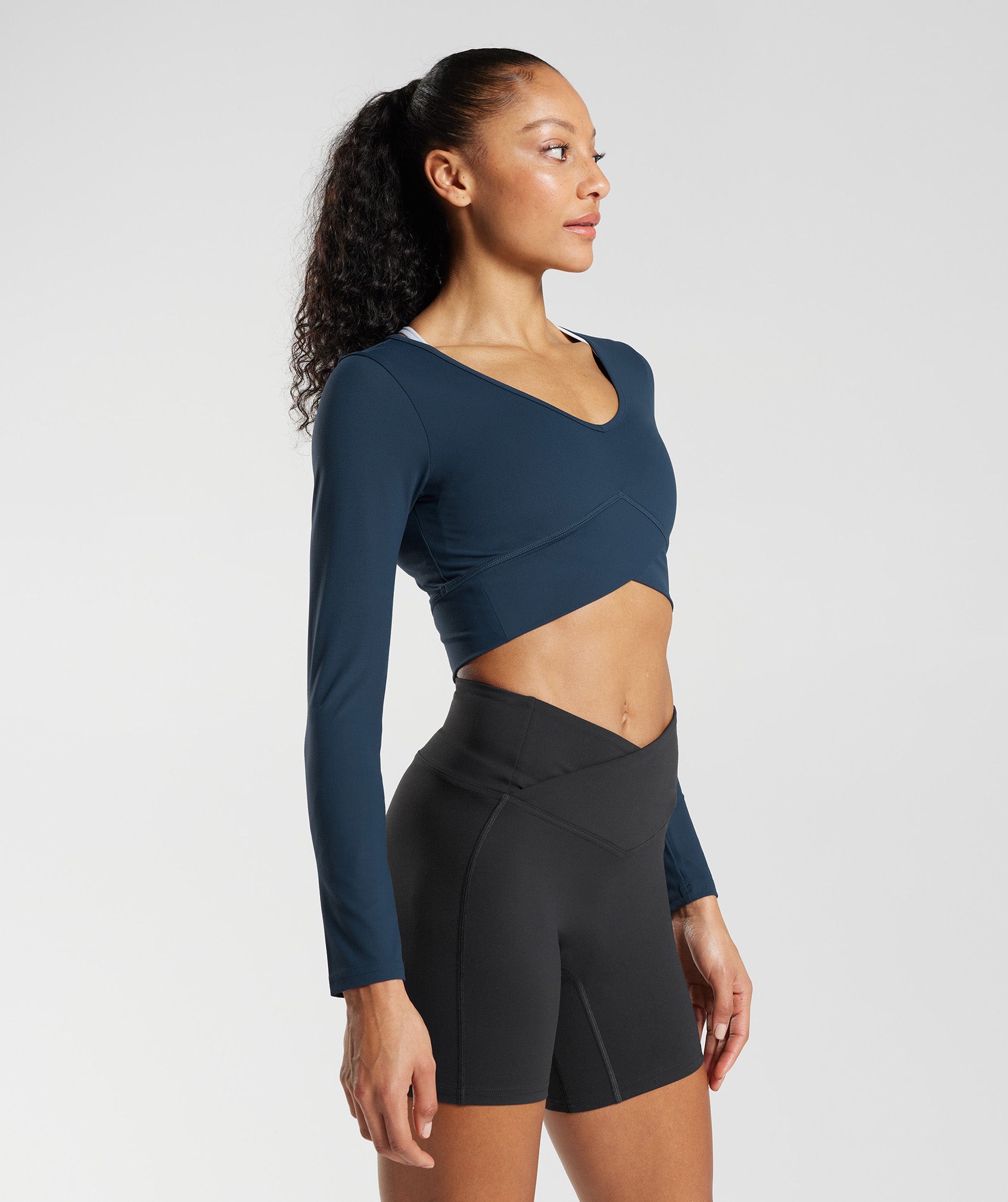 Crossover Long Sleeve Crop Top in Navy - view 3