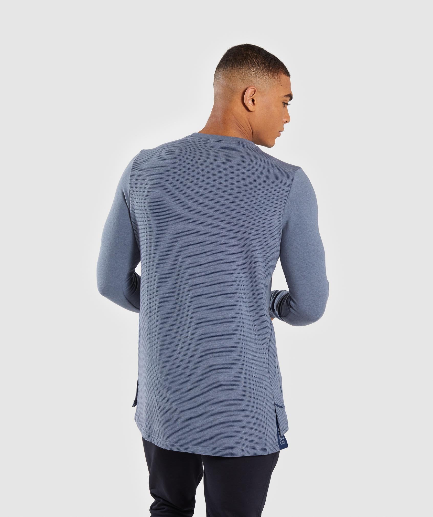 Jacquard Back Long Sleeve T-Shirt in Aegean Blue Marl - view 2