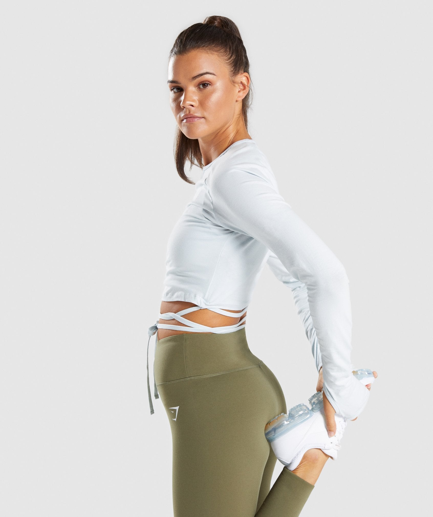 Long Sleeve Ribbon Crop Top in Ice Blue - view 3