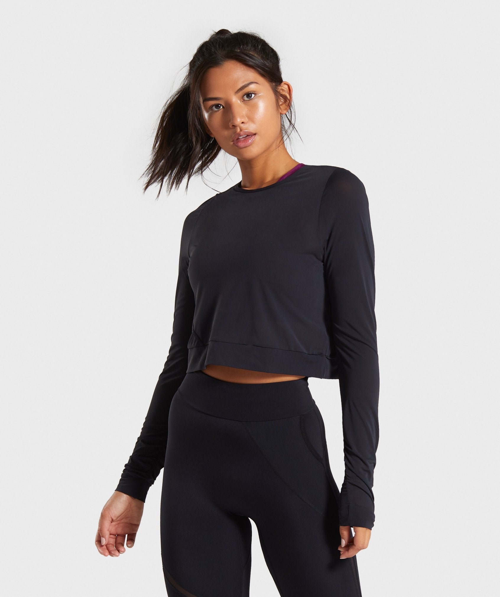 Mesh Layer Long Sleeve Top in Black - view 1