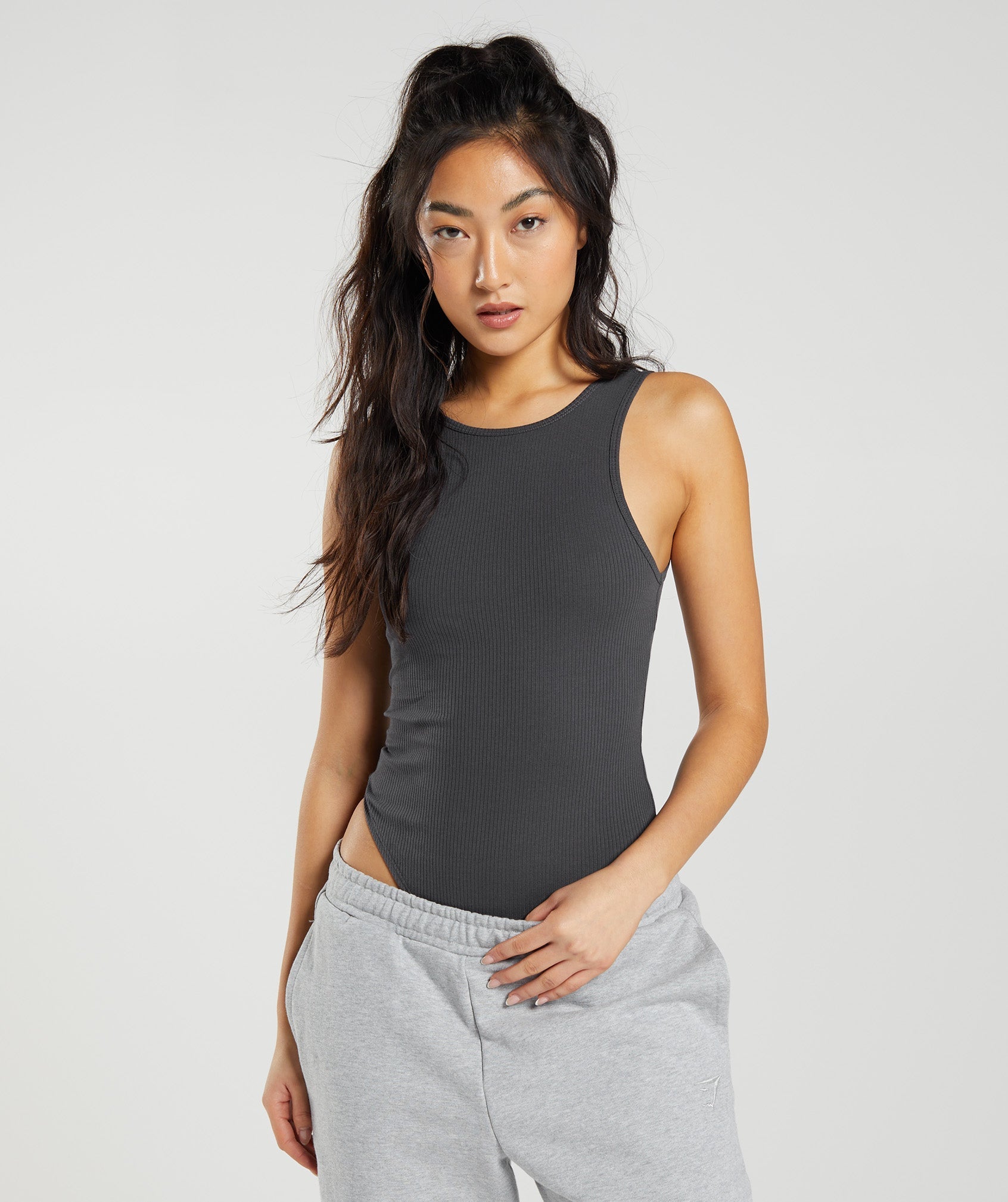 Cotton Rib Bodysuit in Onyx Grey - view 3