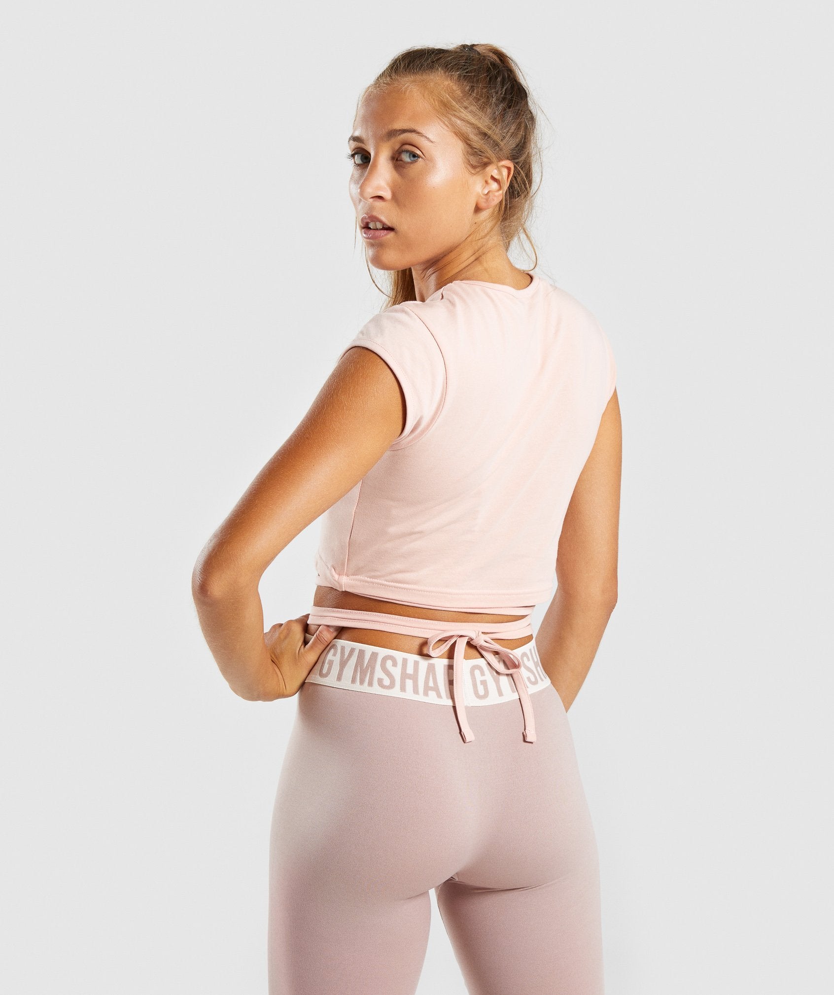 Ribbon Capped Sleeve Crop Top in Blush Nude - view 2