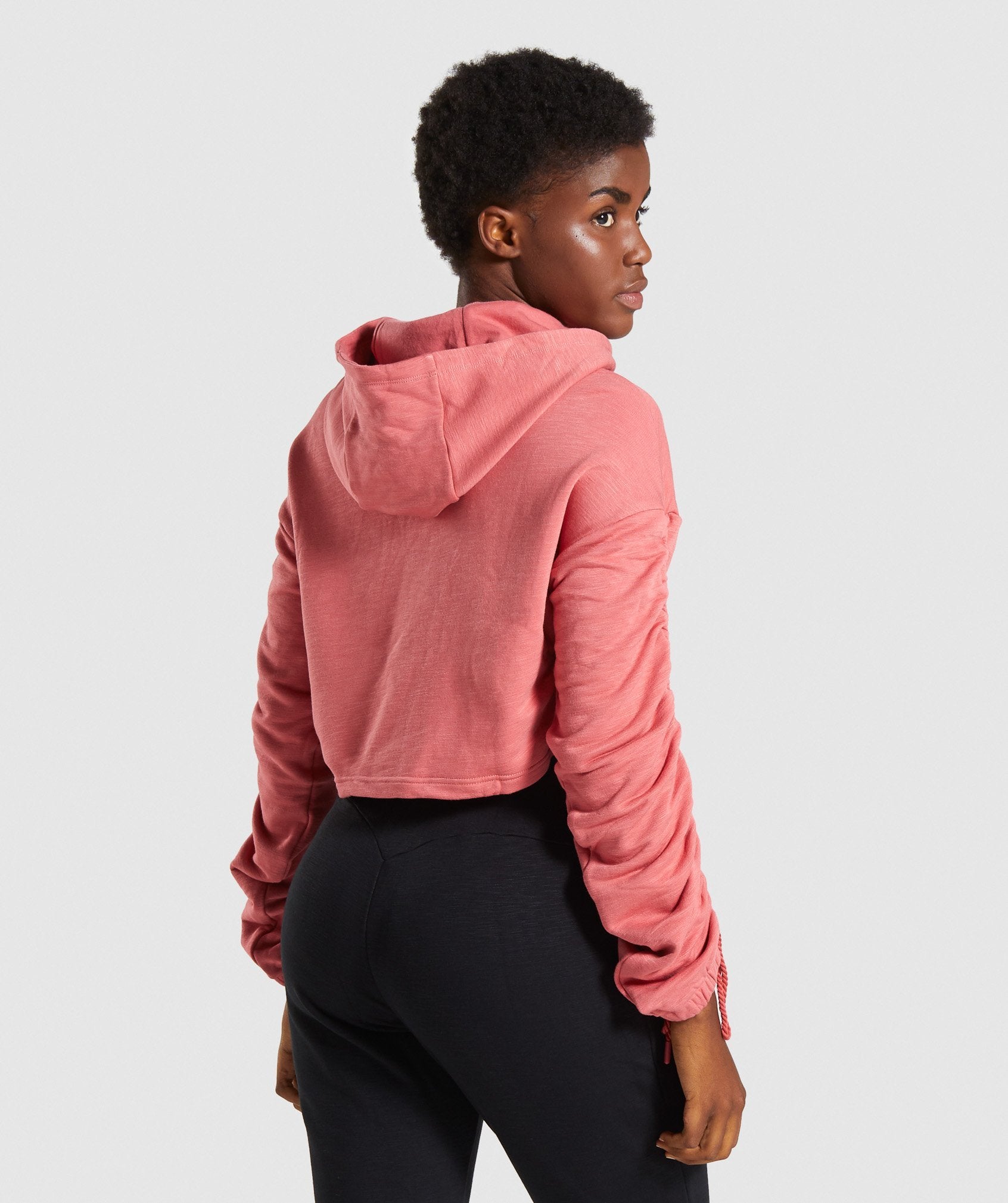 Ruched Cropped Hoodie in Brick Red - view 2