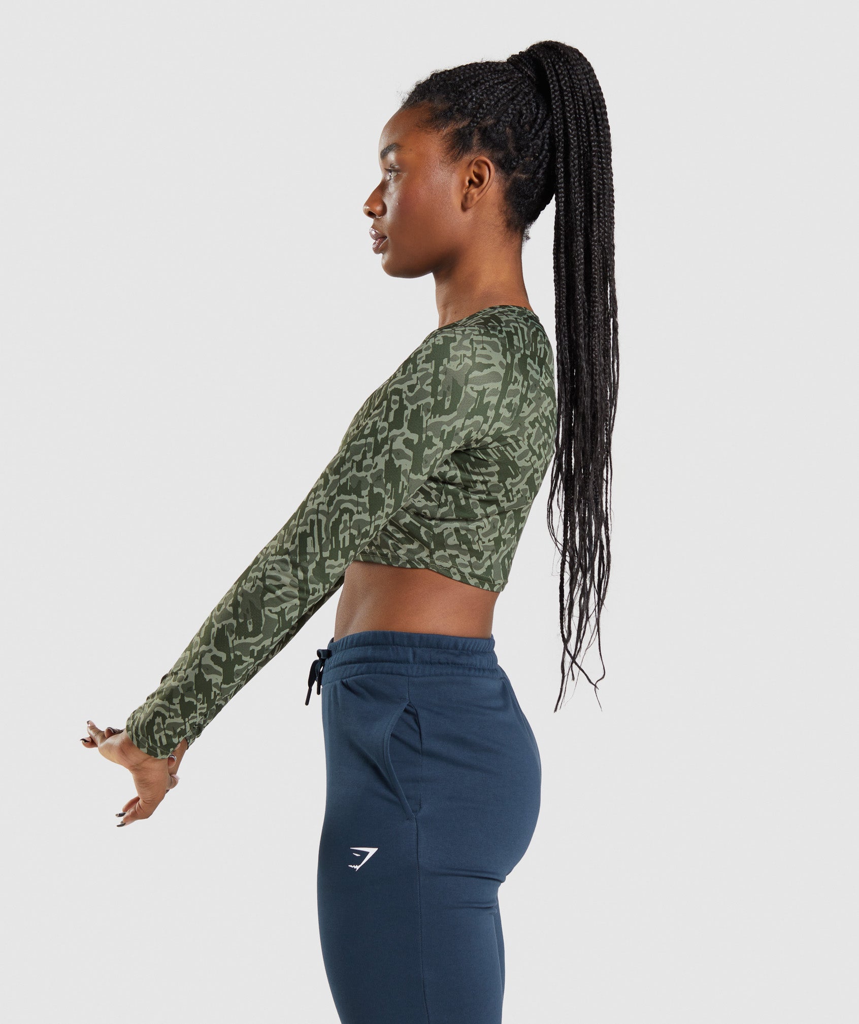 Training Long Sleeve Crop Top in Green Print - view 3