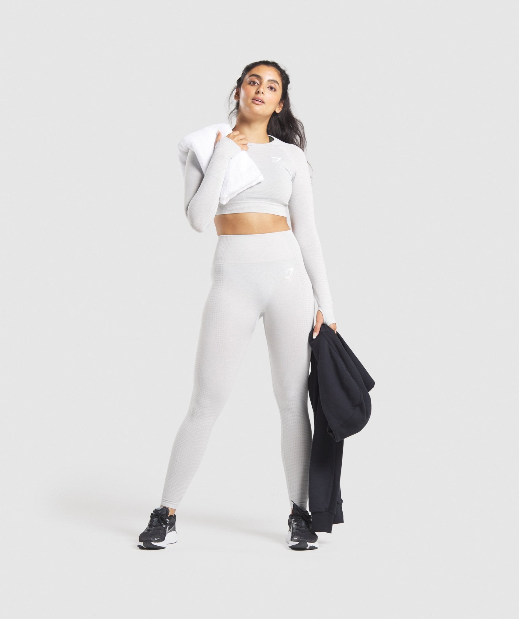 Vital Seamless Long Sleeve Crop Top in Light Grey Marl