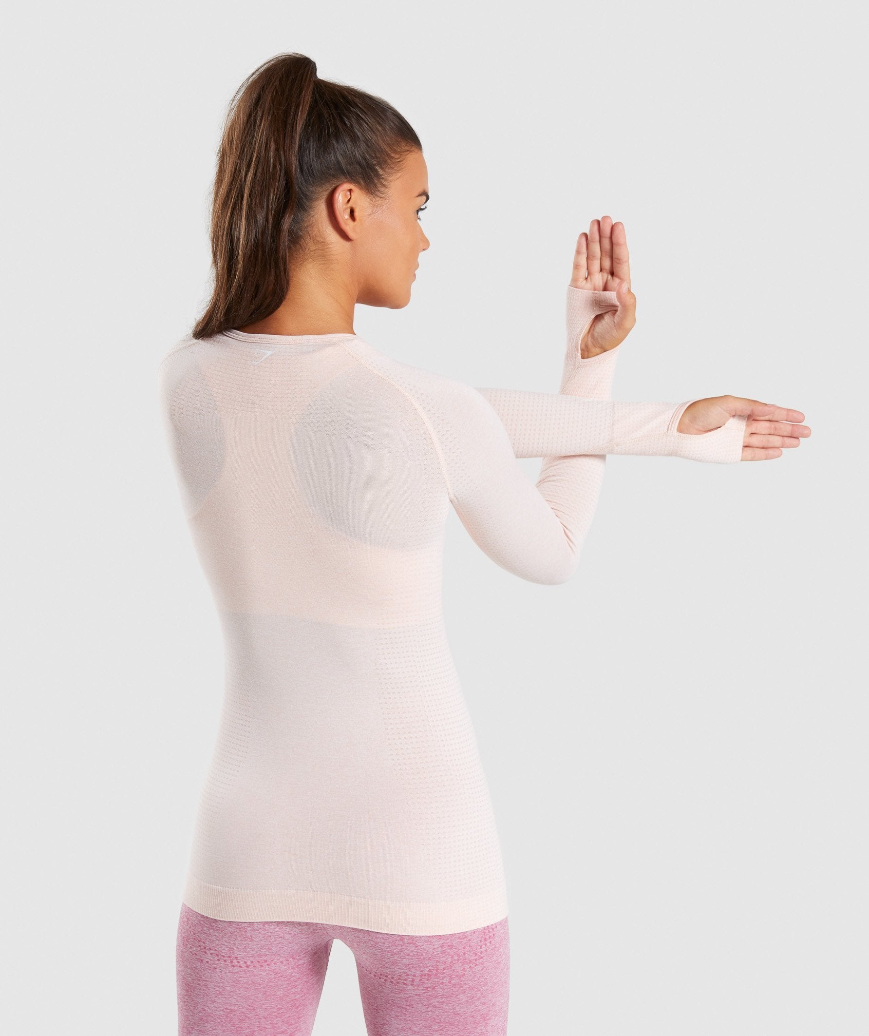 Full Length  Blush Nude Marl Vital Seamless Long Sleeve T-Shirt Stretch From Behind
