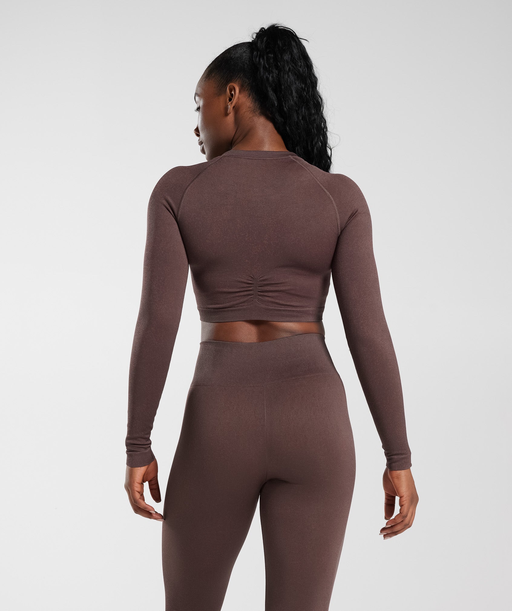 Adapt Fleck Seamless Long Sleeve Crop Top in Chocolate Brown - view 2