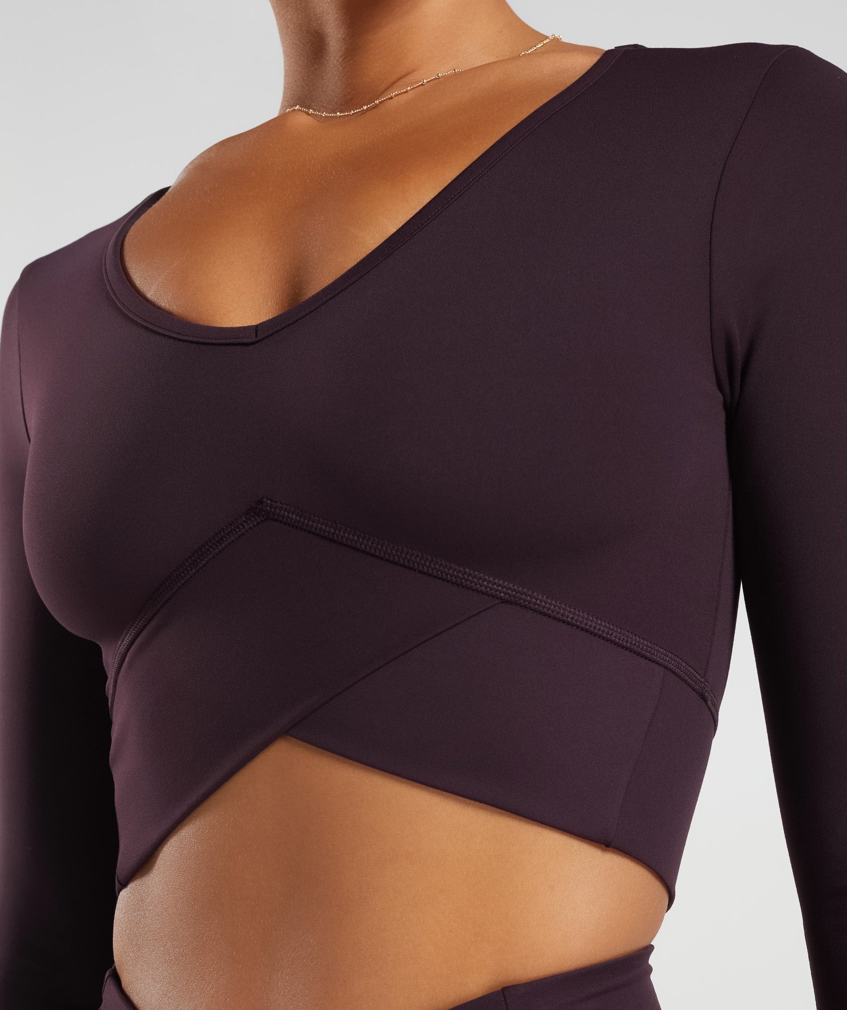 Crossover Long Sleeve Crop Top in Plum Brown - view 7