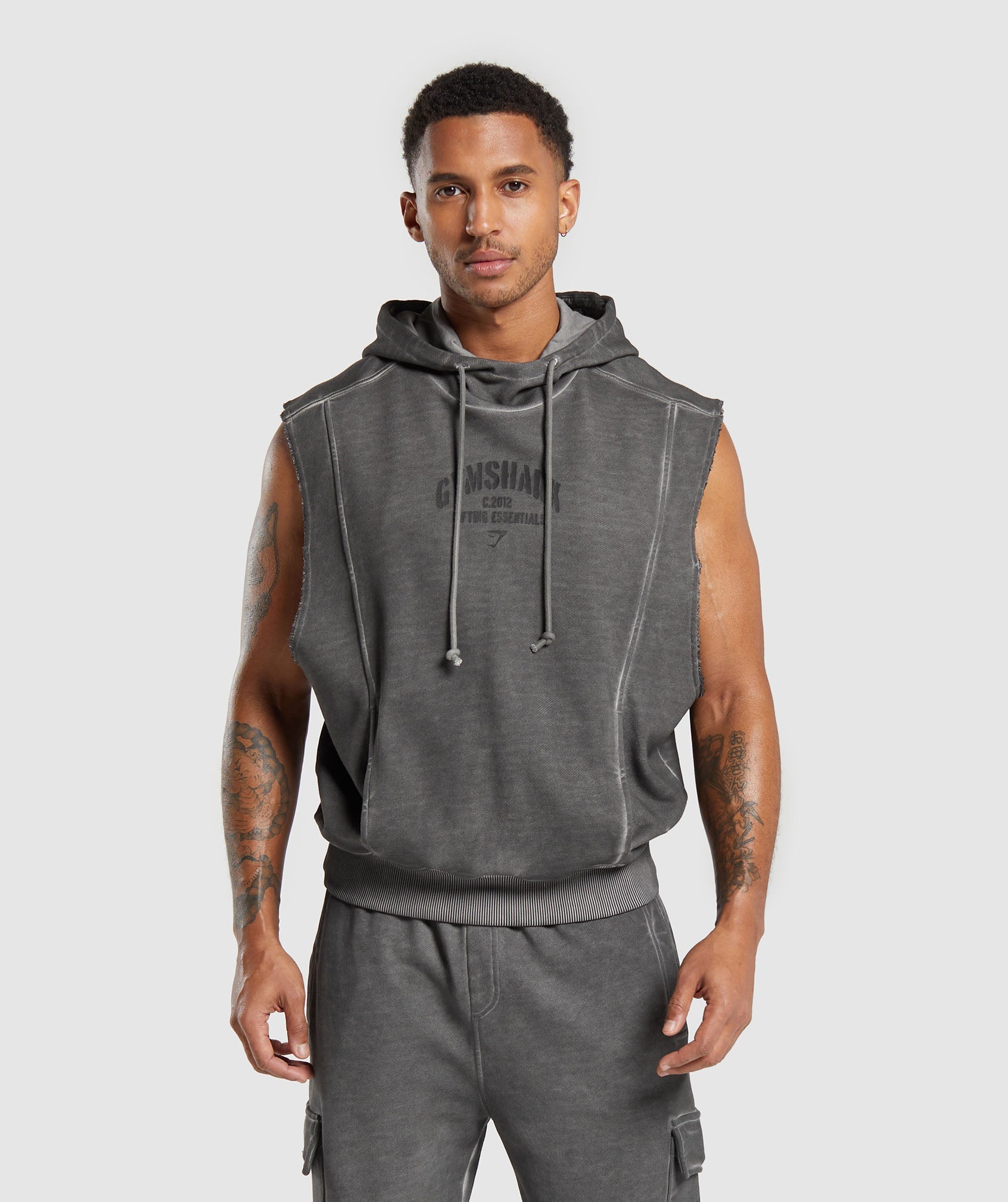 Heavyweight Washed Cut Off Hoodie in Black - view 1