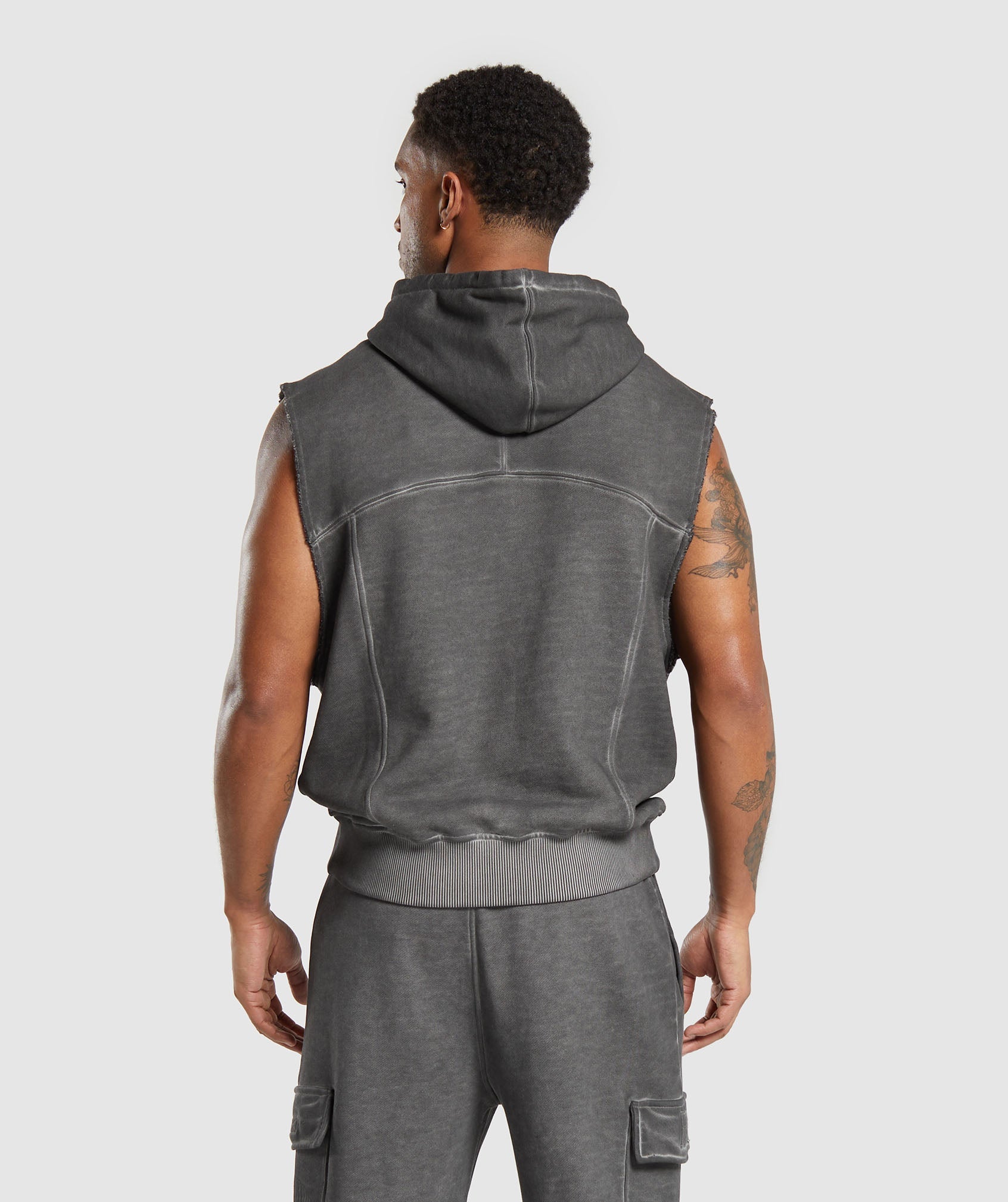 Heavyweight Washed Cut Off Hoodie in Black - view 2