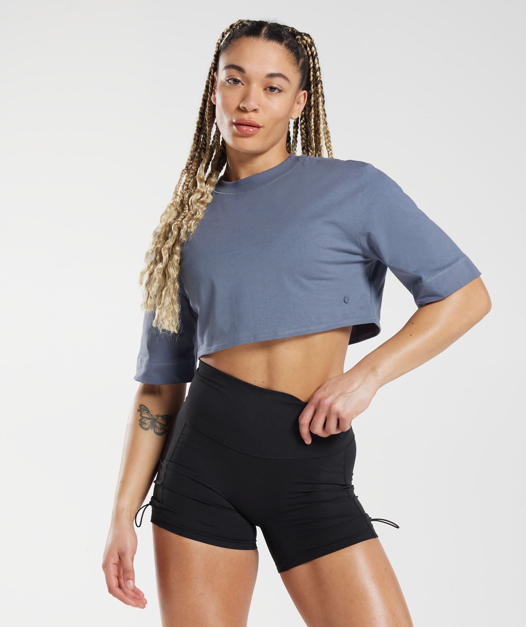 Cotton Boxy Crop Top in Evening Blue - view 1