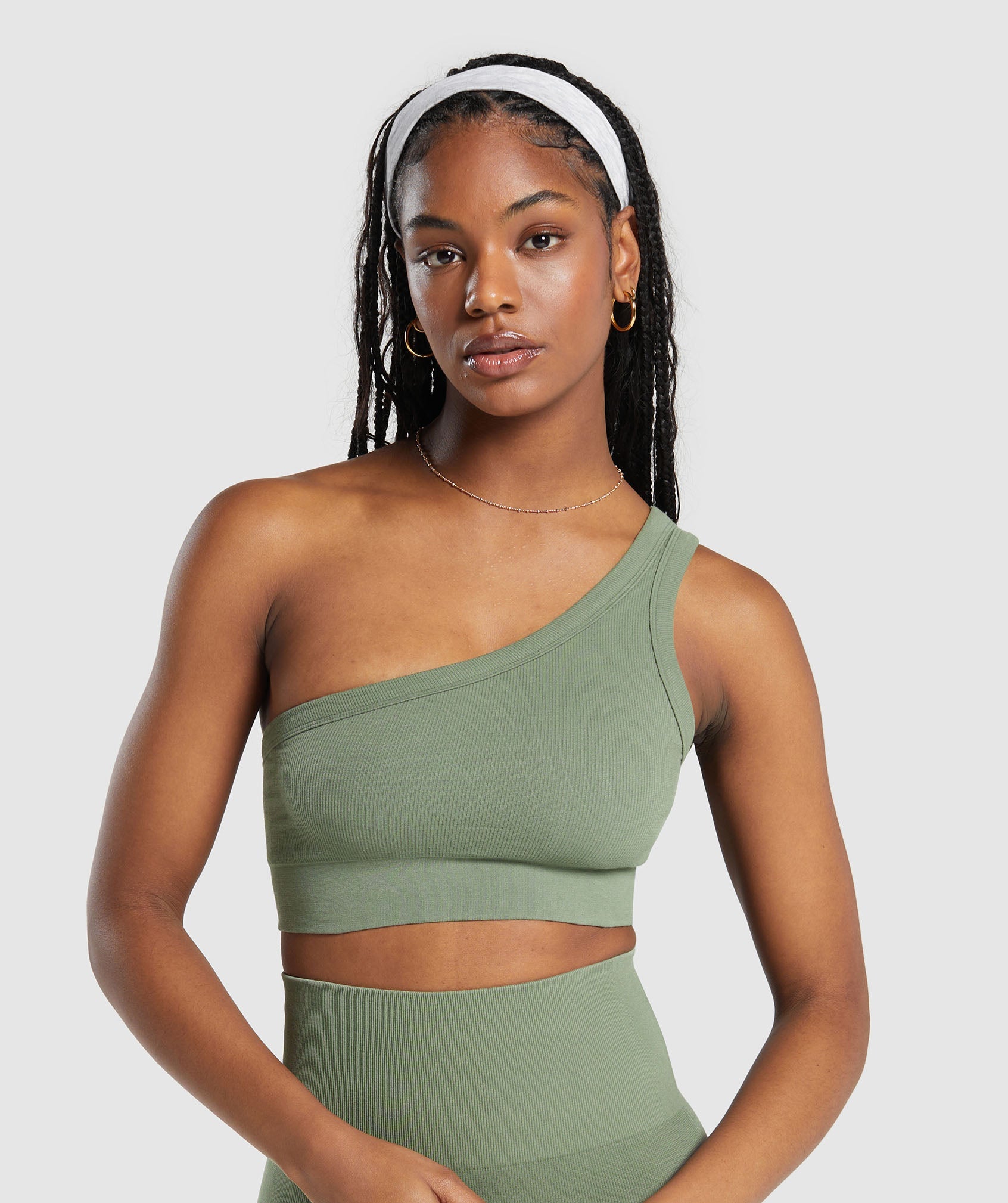 Ribbed Cotton Seamless One Shoulder  Bra in Base Green